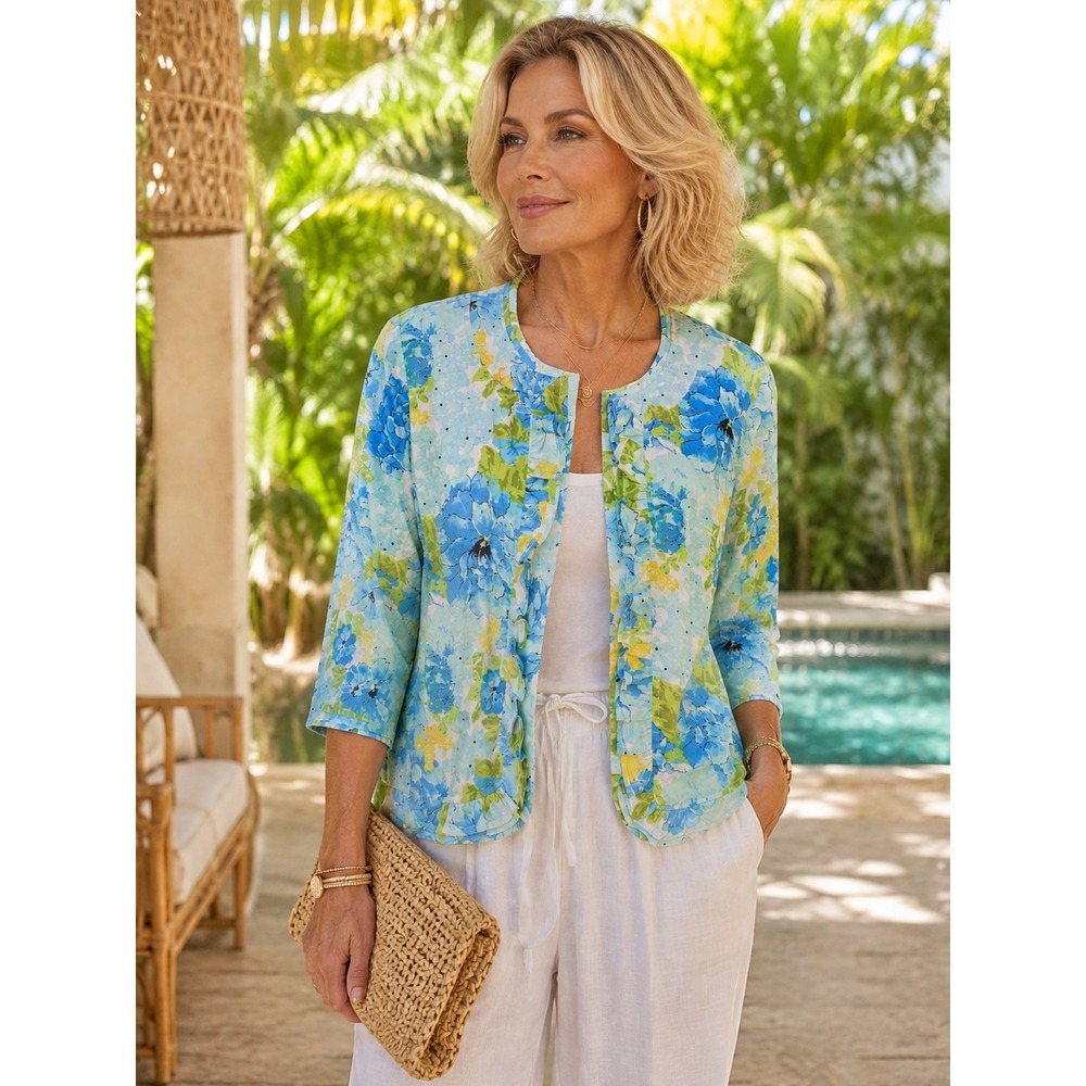 Linen Kim Rogers Pastel Floral Open Front Jacket 3/4 Sleeve Sz PS Resortwear